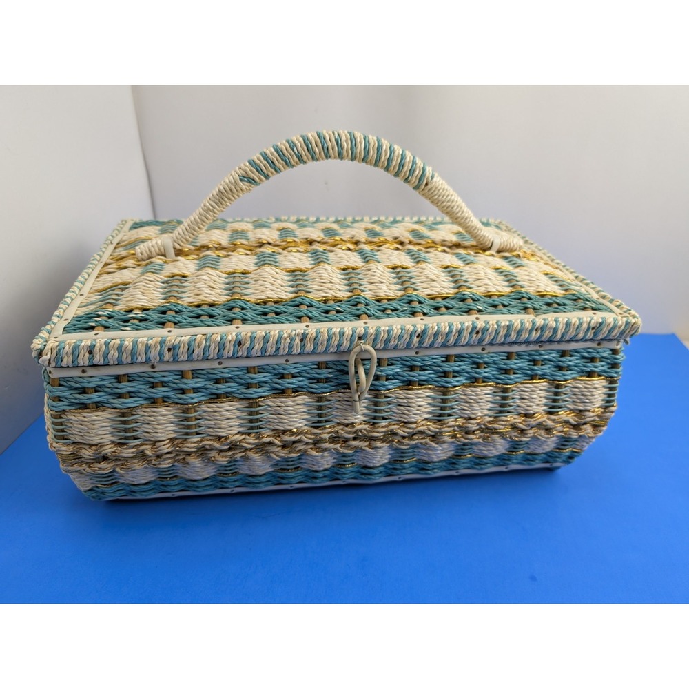Vintage Wicker Sewing Basket LARGE 15" Satin Lined Colorful Grandma Box